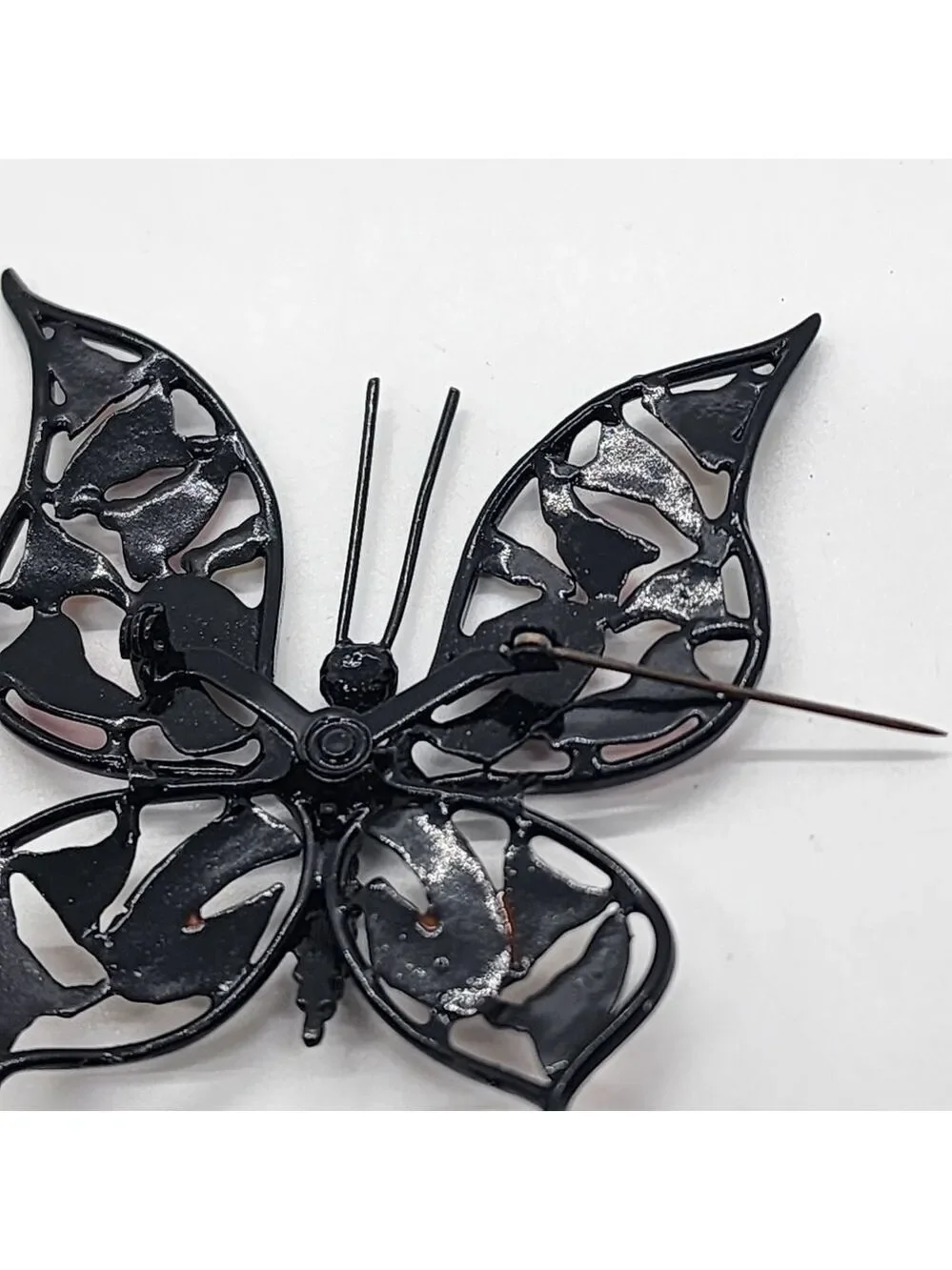 Vintage large black metal enamel Butterfly brooch pin unique